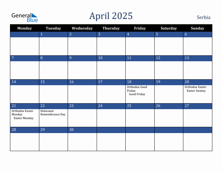 April 2025 Serbia Calendar (Monday Start)