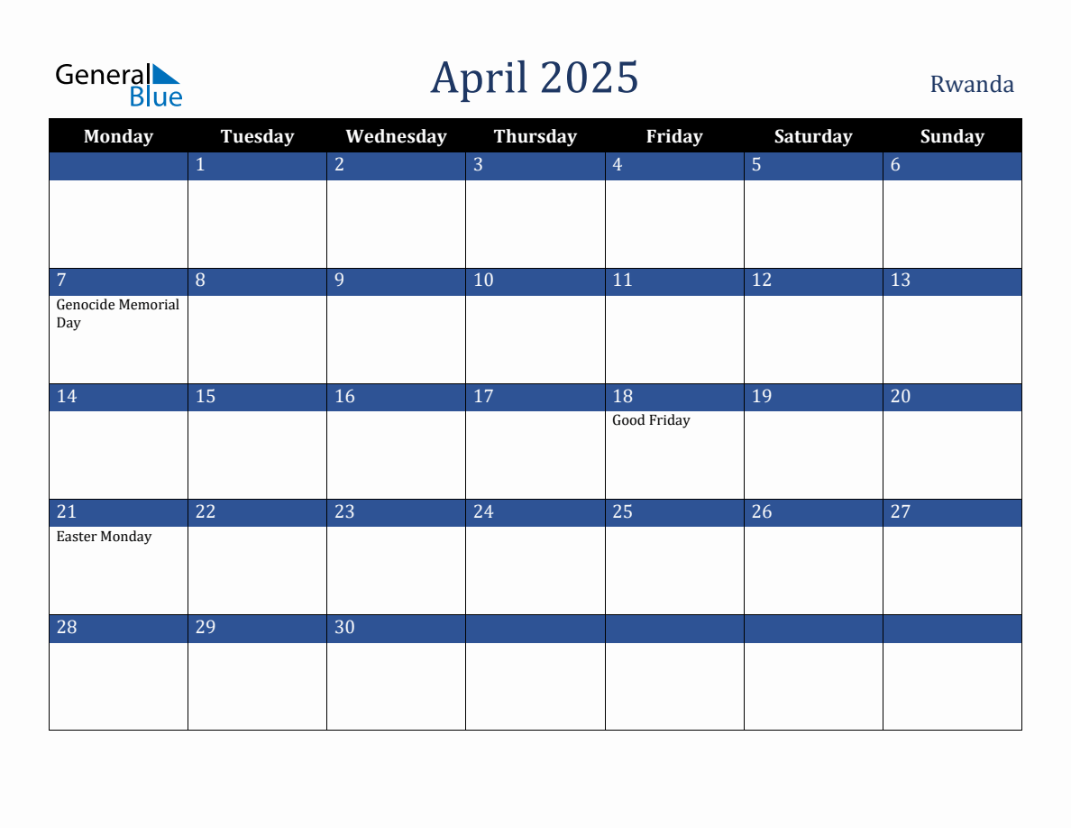 April 2025 Rwanda Holiday Calendar