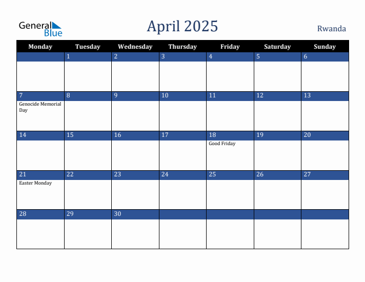 April 2025 Rwanda Calendar (Monday Start)