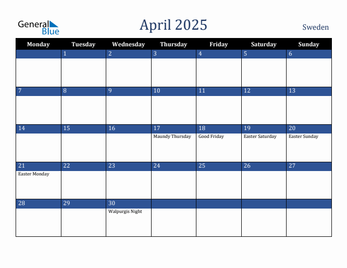 April 2025 Sweden Calendar (Monday Start)