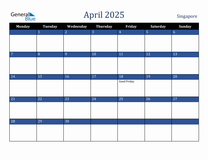 April 2025 Singapore Monthly Calendar with Holidays