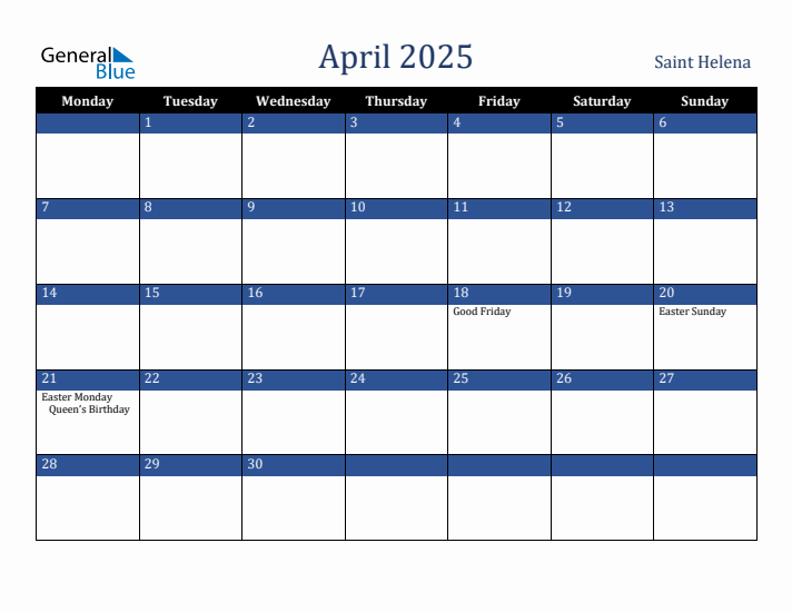 April 2025 Saint Helena Calendar (Monday Start)