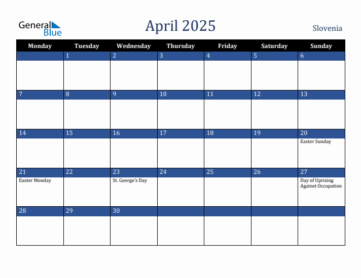 April 2025 Slovenia Calendar (Monday Start)