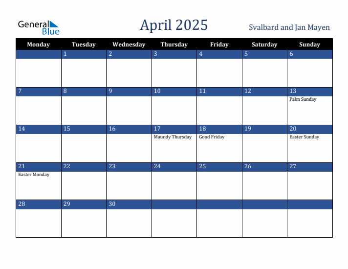 April 2025 Svalbard and Jan Mayen Calendar (Monday Start)