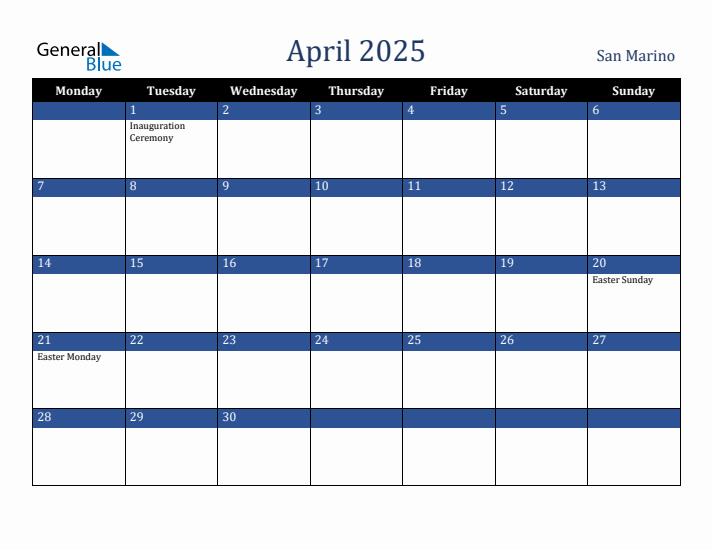April 2025 San Marino Calendar (Monday Start)