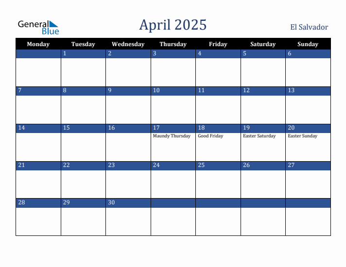 April 2025 El Salvador Calendar (Monday Start)