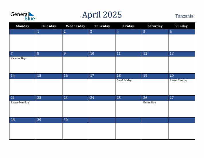 April 2025 Tanzania Calendar (Monday Start)