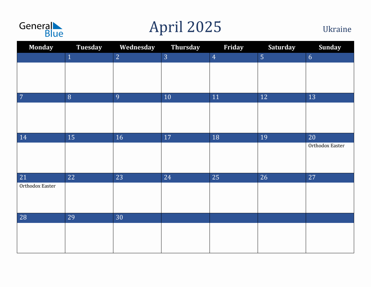 April 2025 Ukraine Holiday Calendar