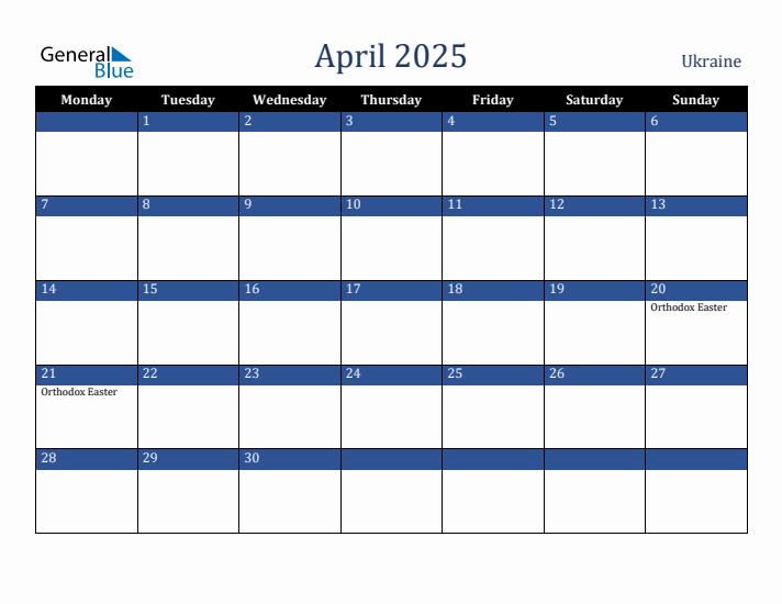 April 2025 Ukraine Calendar (Monday Start)