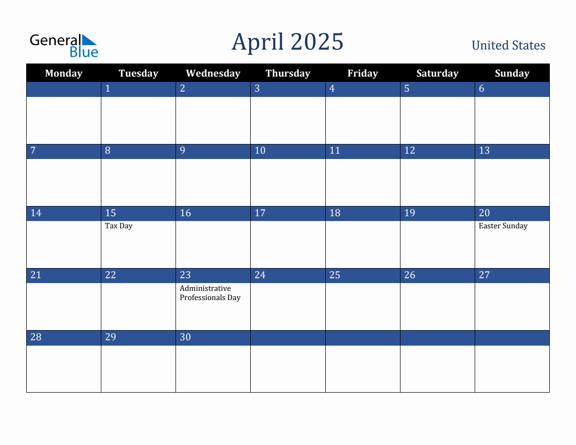 April 2025 United States Holiday Calendar