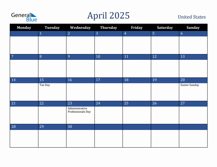 April 2025 United States Monthly Calendar with Holidays