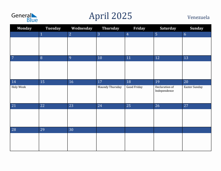 April 2025 Venezuela Calendar (Monday Start)