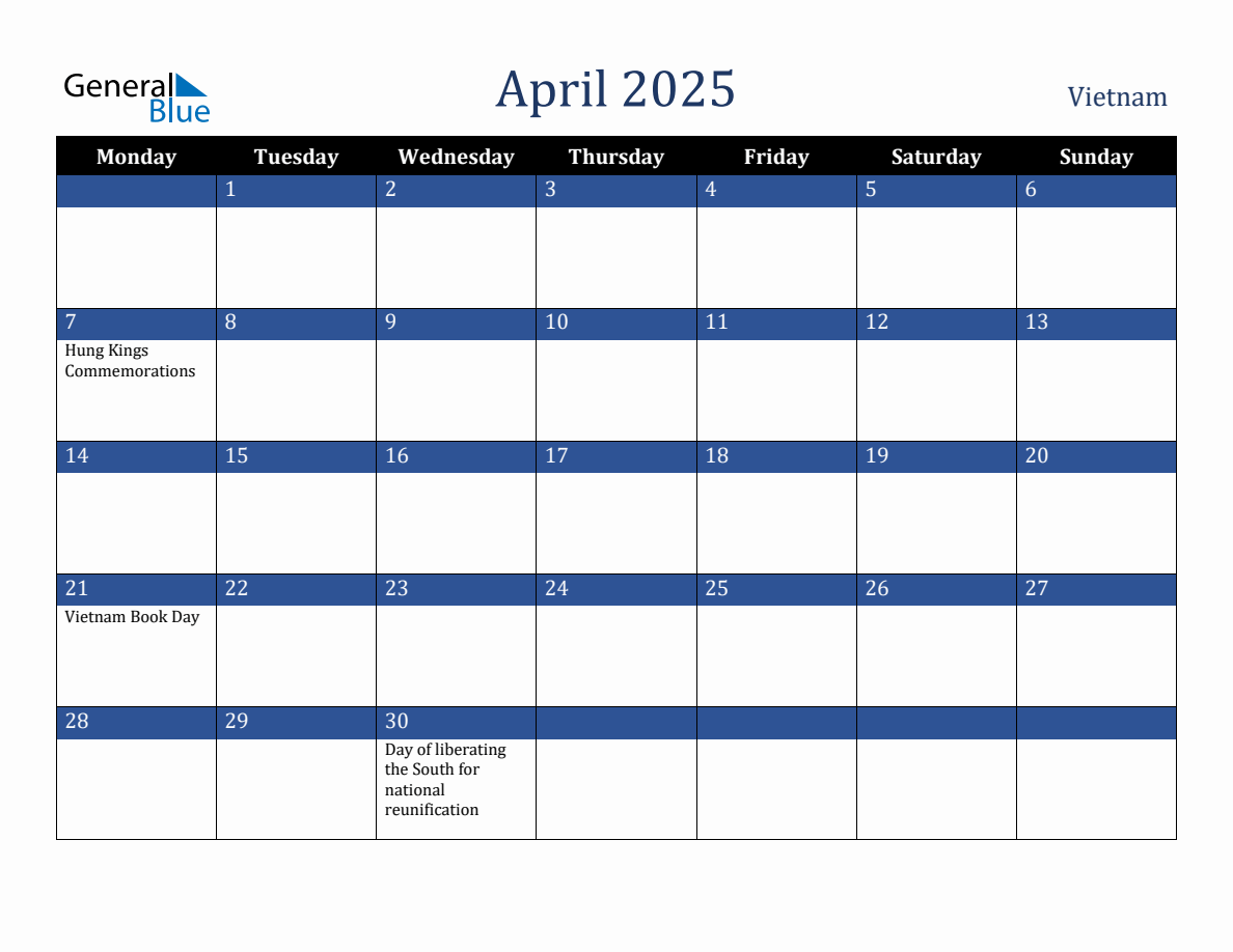 April 2025 Vietnam Holiday Calendar