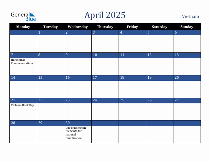 April 2025 Vietnam Calendar (Monday Start)