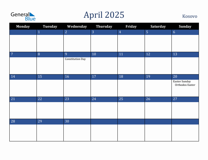 April 2025 Kosovo Calendar (Monday Start)