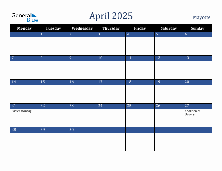 April 2025 Mayotte Calendar (Monday Start)
