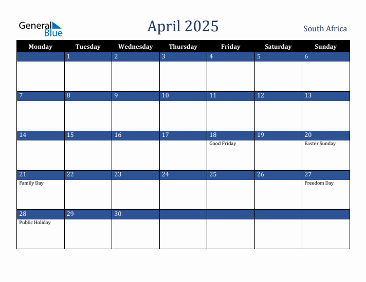 April 2025 South Africa Calendar (Monday Start)