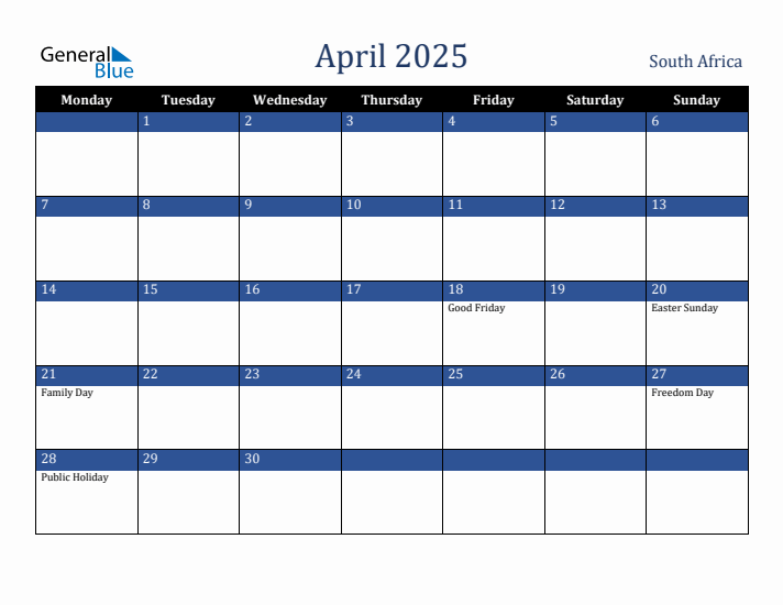 2025 April Calendar With Holidays South Africa Map