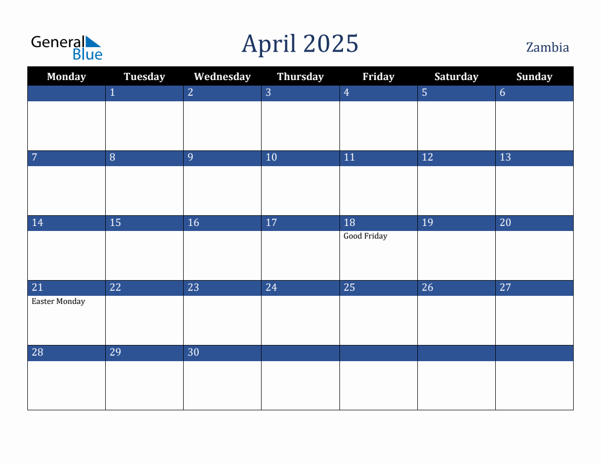 April 2025 Zambia Holiday Calendar