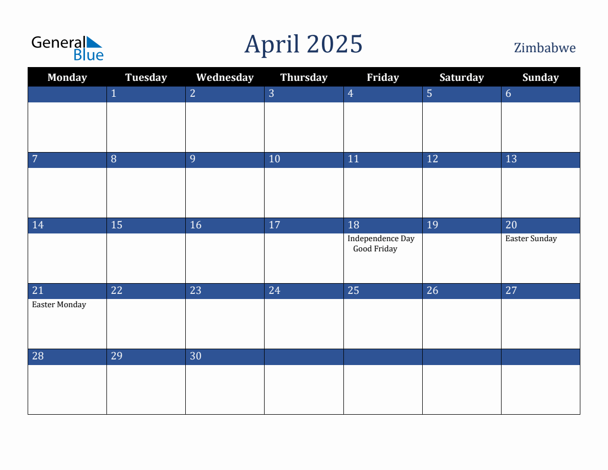 April 2025 Zimbabwe Holiday Calendar