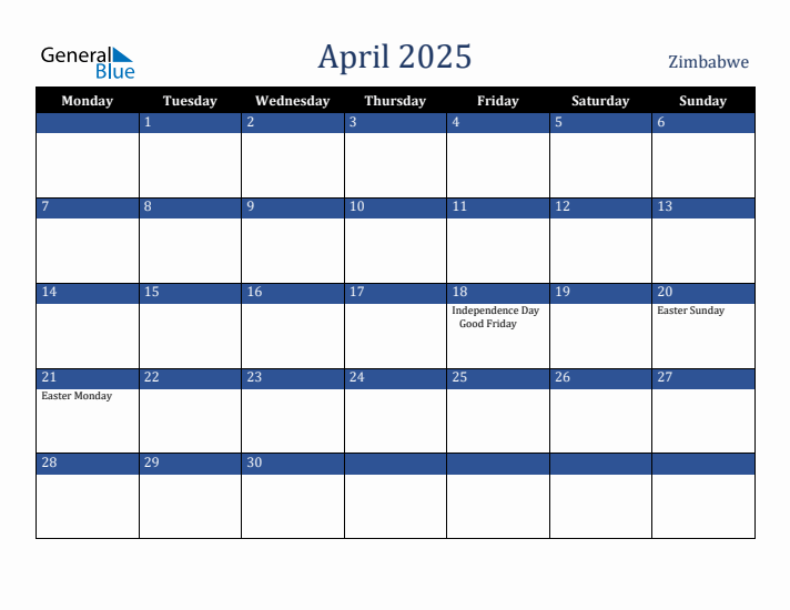 April 2025 Zimbabwe Calendar (Monday Start)