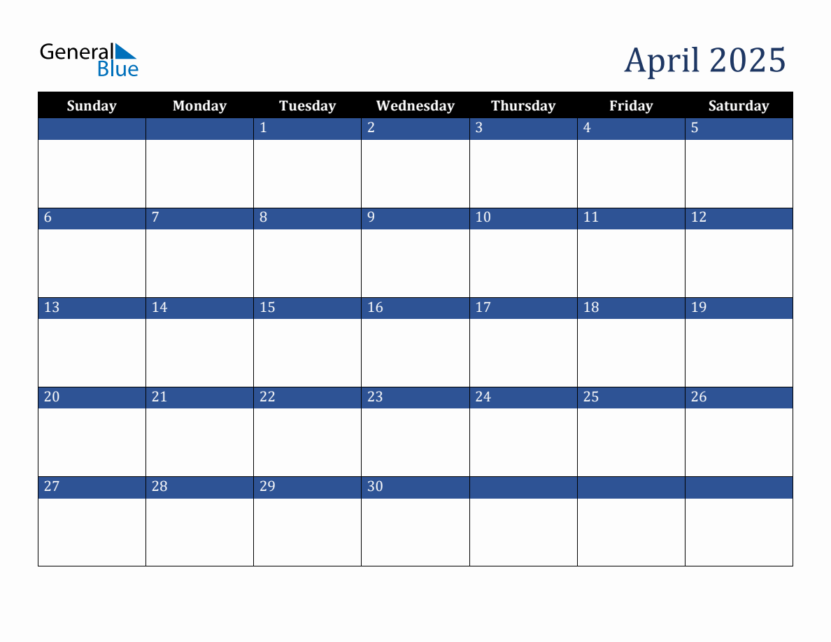 April 2025 Downloadable Sunday Start Calendar