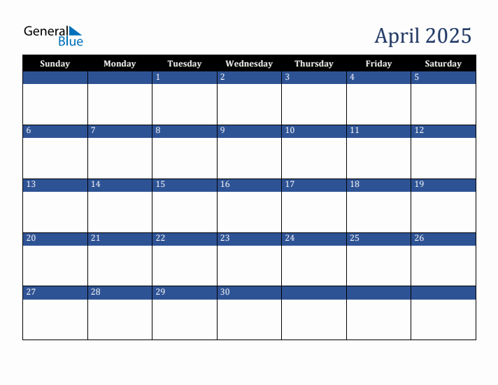 Sunday Start Calendar for April 2025