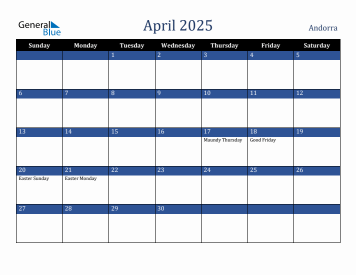 April 2025 Andorra Calendar (Sunday Start)