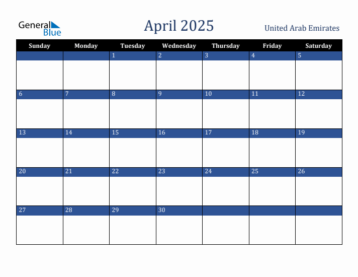 April 2025 United Arab Emirates Calendar (Sunday Start)