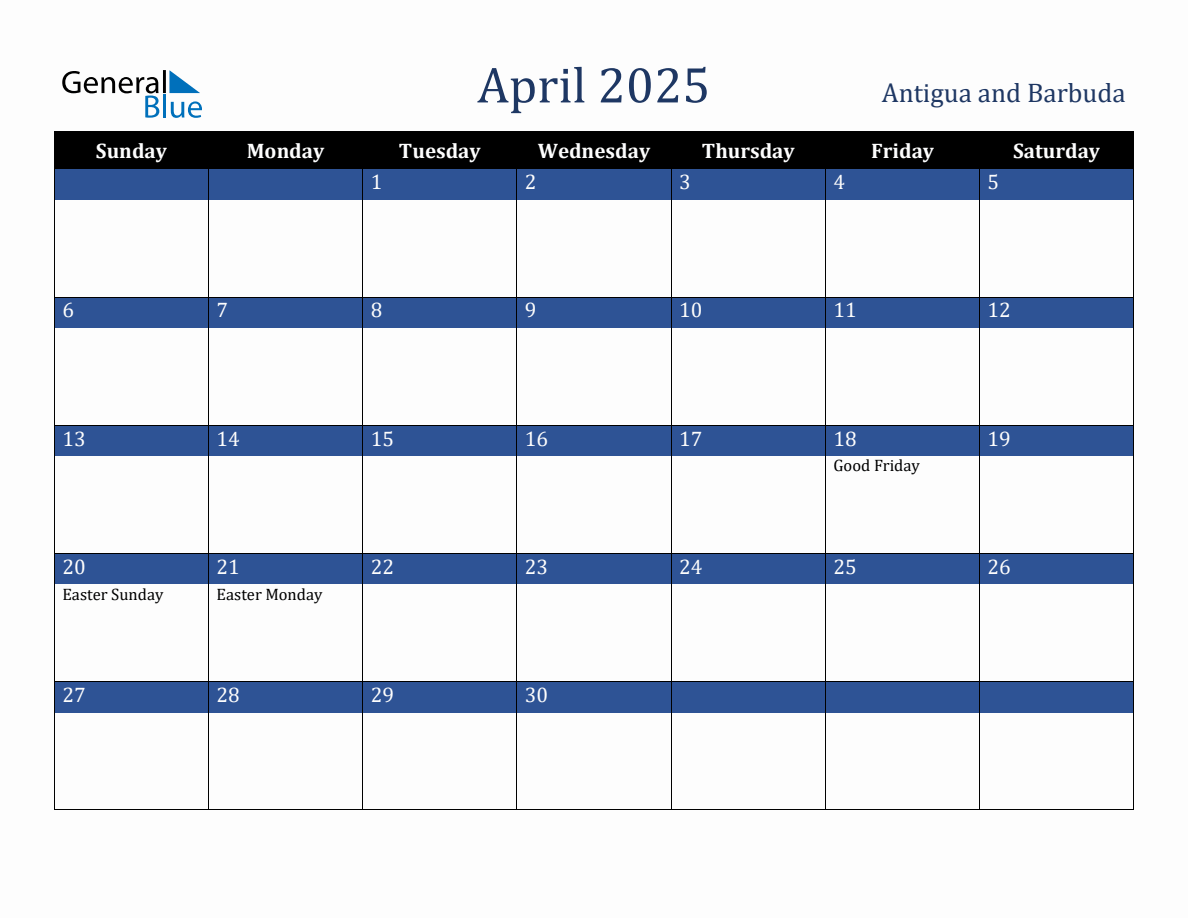 April 2025 Antigua and Barbuda Holiday Calendar