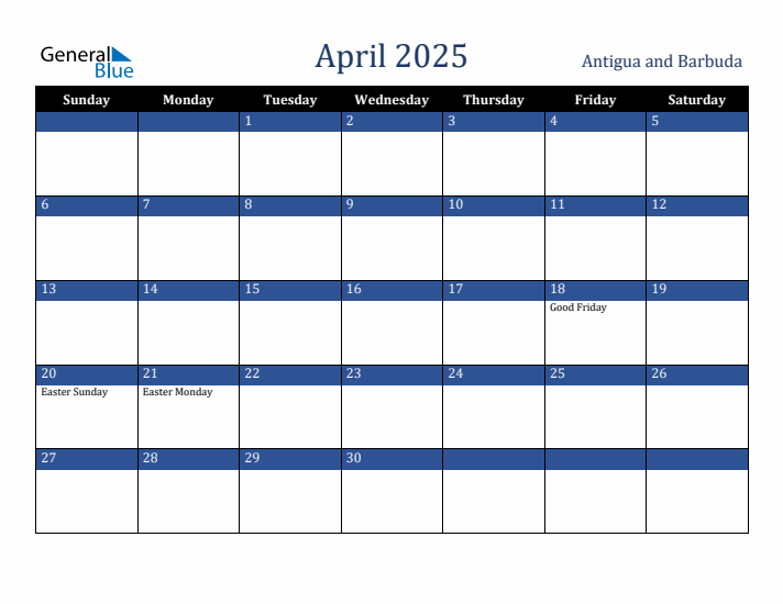 April 2025 Antigua and Barbuda Calendar (Sunday Start)