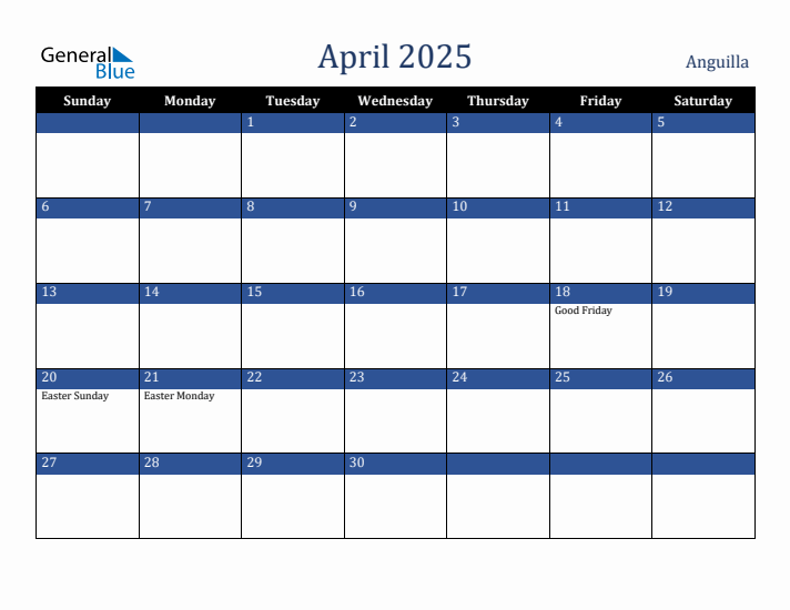 April 2025 Anguilla Calendar (Sunday Start)