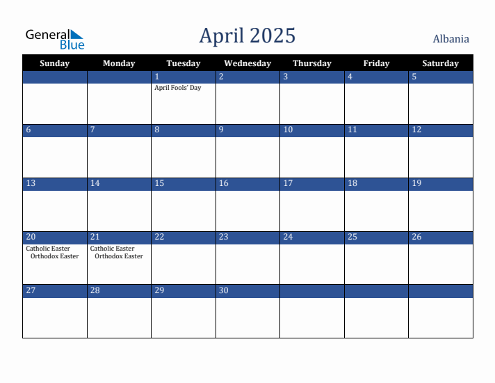 April 2025 Albania Calendar (Sunday Start)