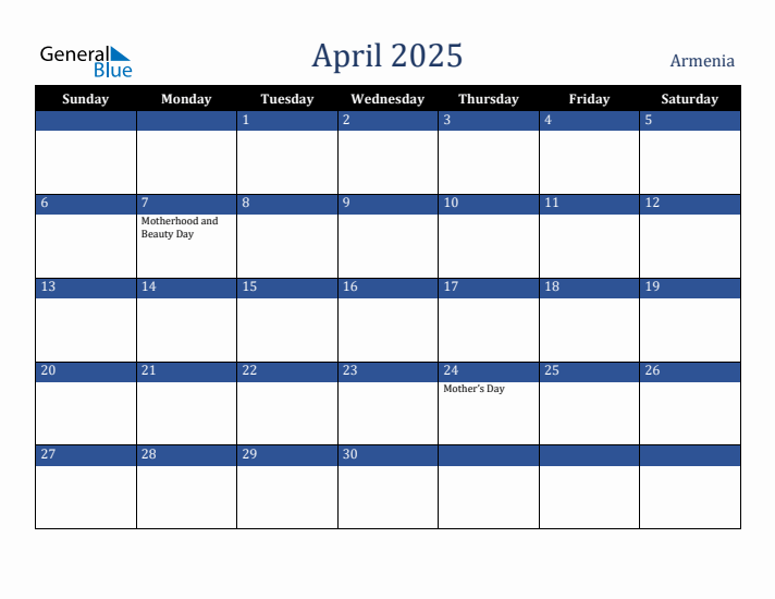 April 2025 Monthly Calendar with Armenia Holidays