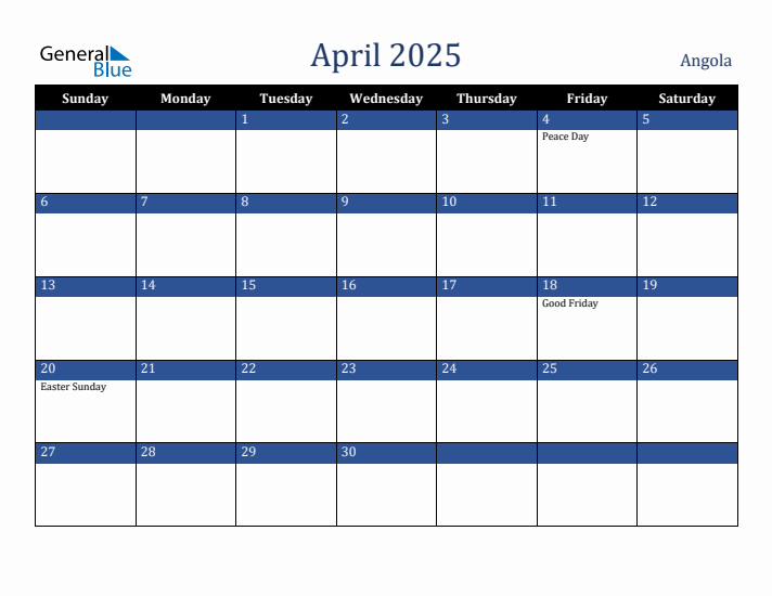 April 2025 Angola Calendar (Sunday Start)