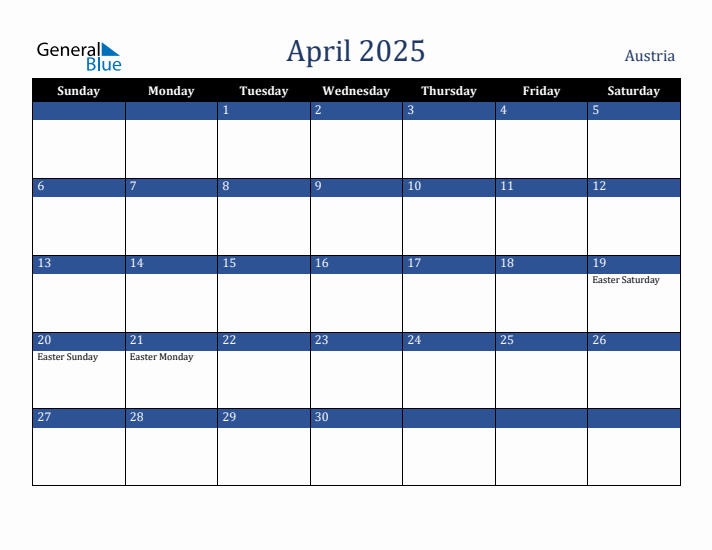 April 2025 Austria Calendar (Sunday Start)