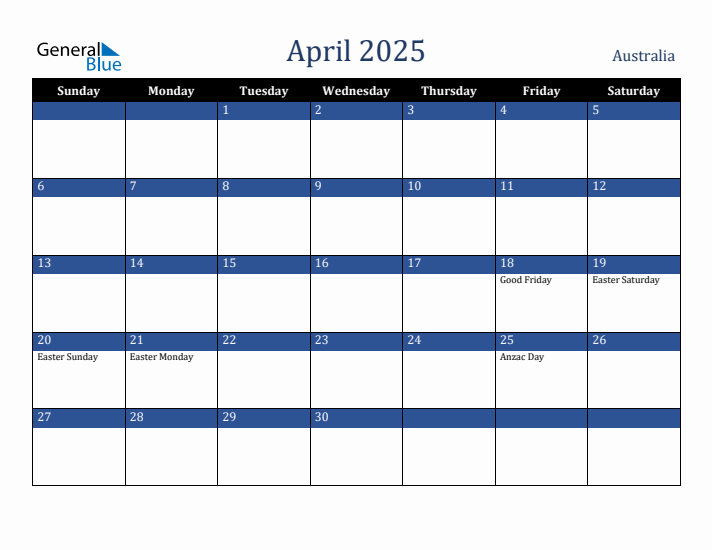 April 2025 Australia Calendar (Sunday Start)