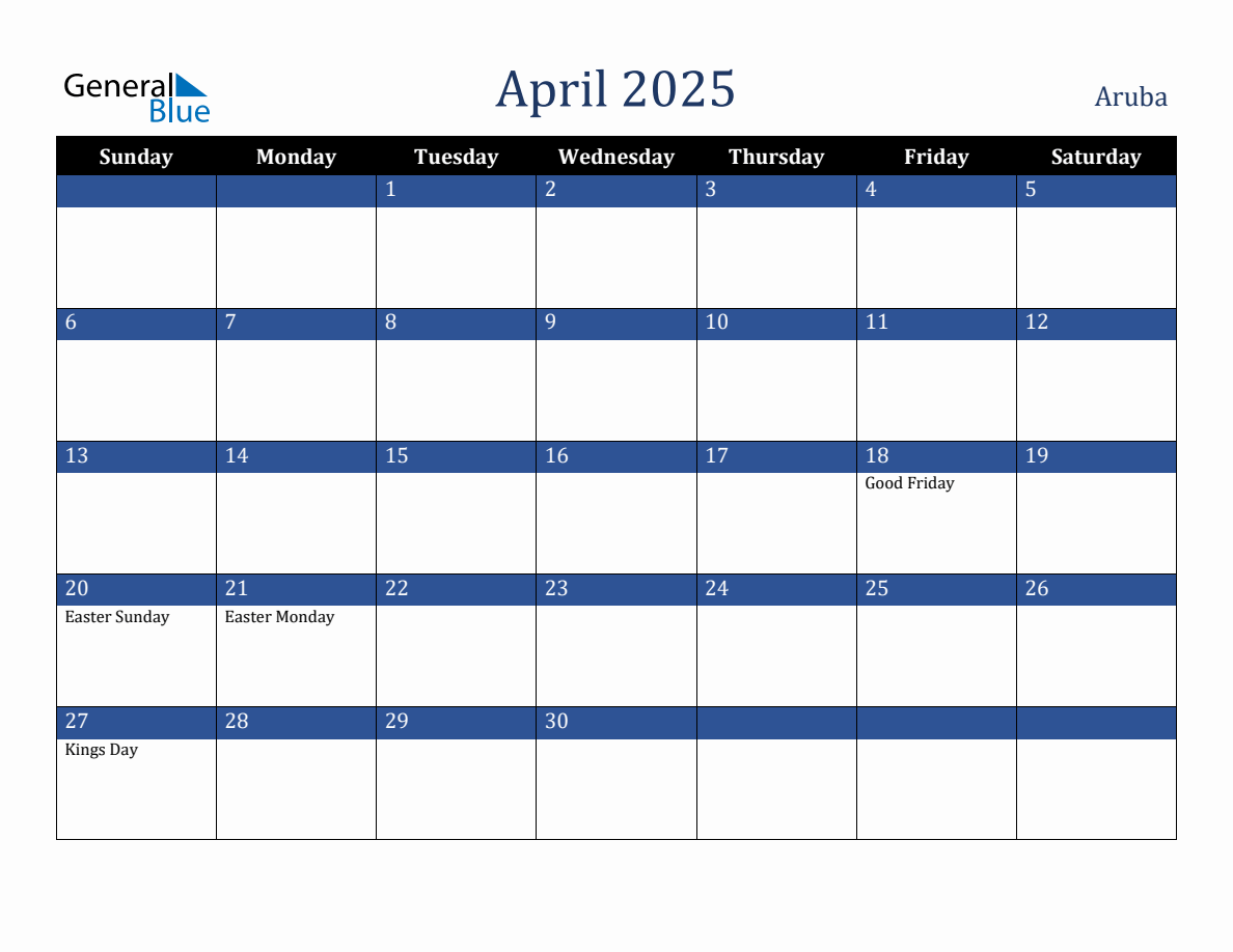 April 2025 Aruba Holiday Calendar