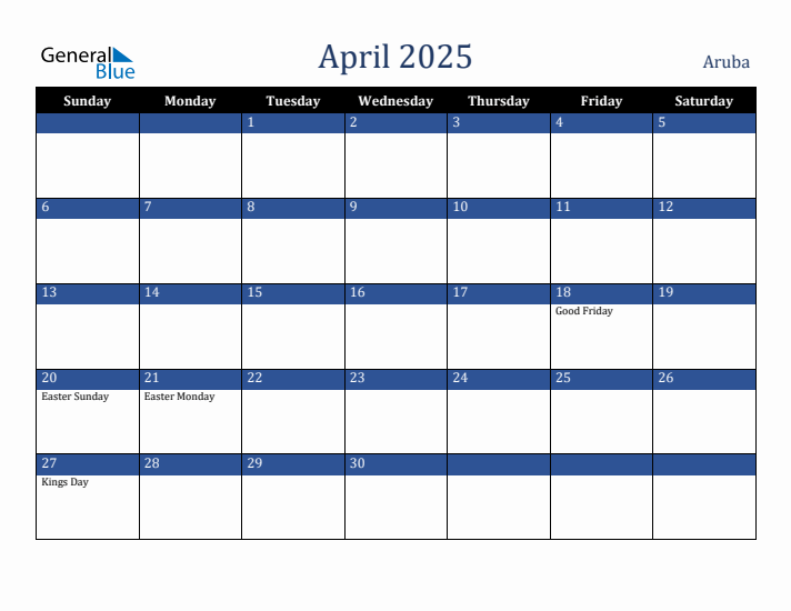 April 2025 Aruba Calendar (Sunday Start)
