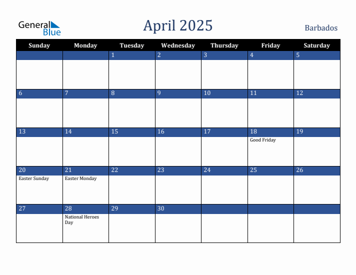 April 2025 Barbados Calendar (Sunday Start)