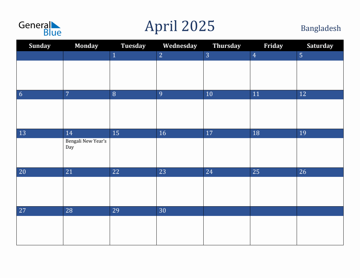 April 2025 Bangladesh Holiday Calendar