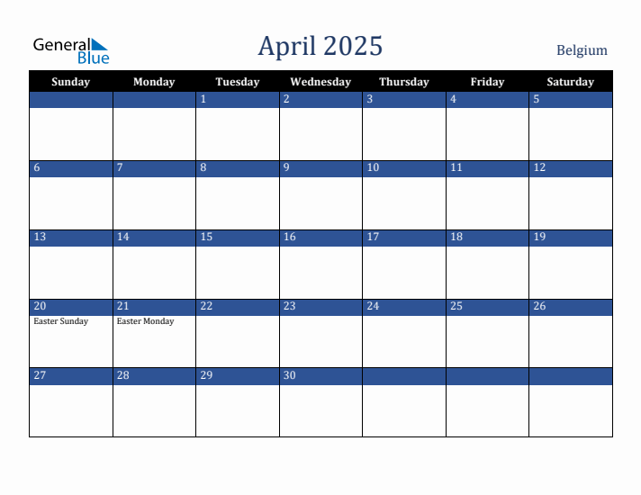 April 2025 Belgium Calendar (Sunday Start)