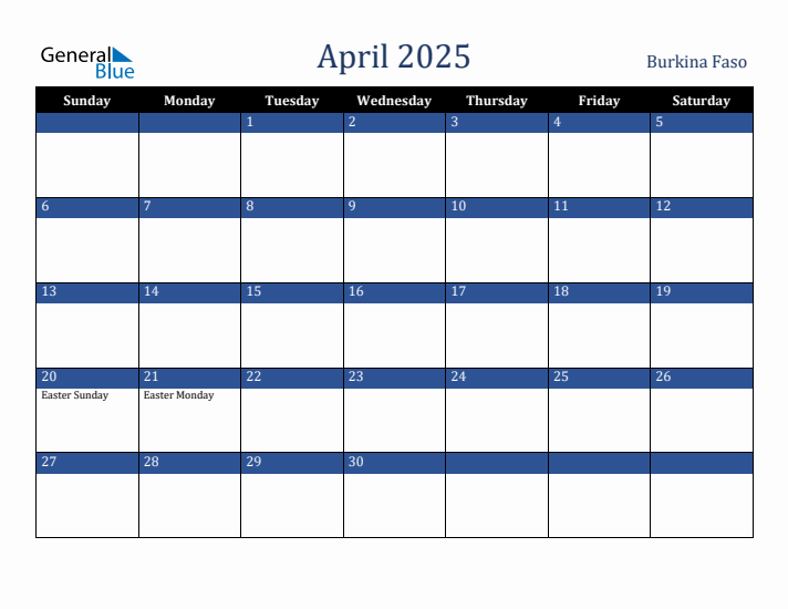 April 2025 Burkina Faso Calendar (Sunday Start)