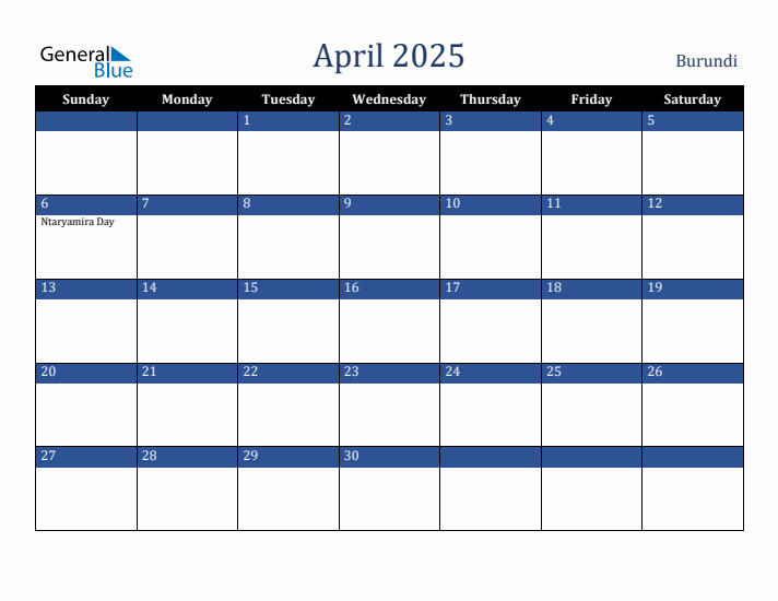 April 2025 Burundi Calendar (Sunday Start)