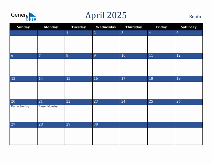 April 2025 Benin Calendar (Sunday Start)