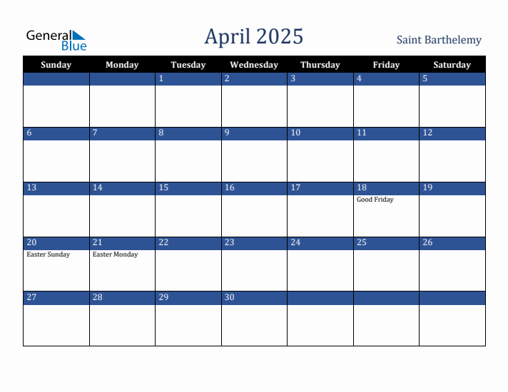 April 2025 Saint Barthelemy Calendar (Sunday Start)