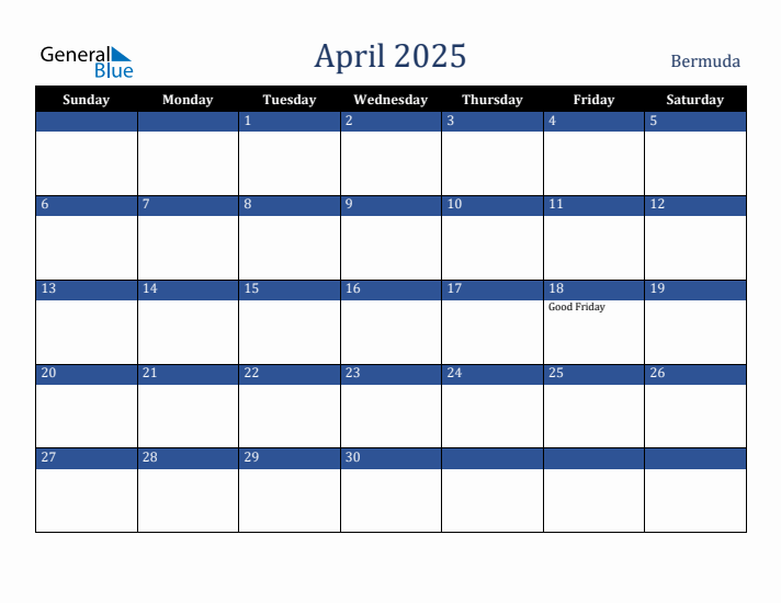 April 2025 Bermuda Calendar (Sunday Start)