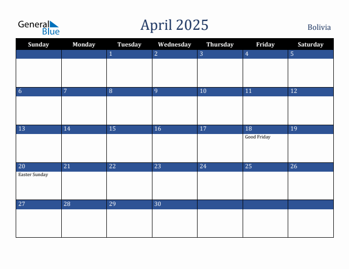 April 2025 Bolivia Calendar (Sunday Start)
