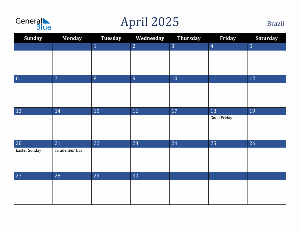 April 2025 Brazil Holiday Calendar