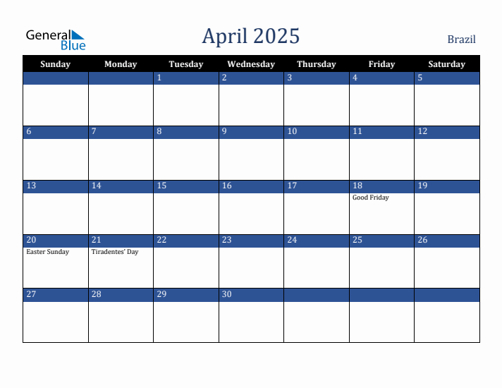 April 2025 Brazil Calendar (Sunday Start)